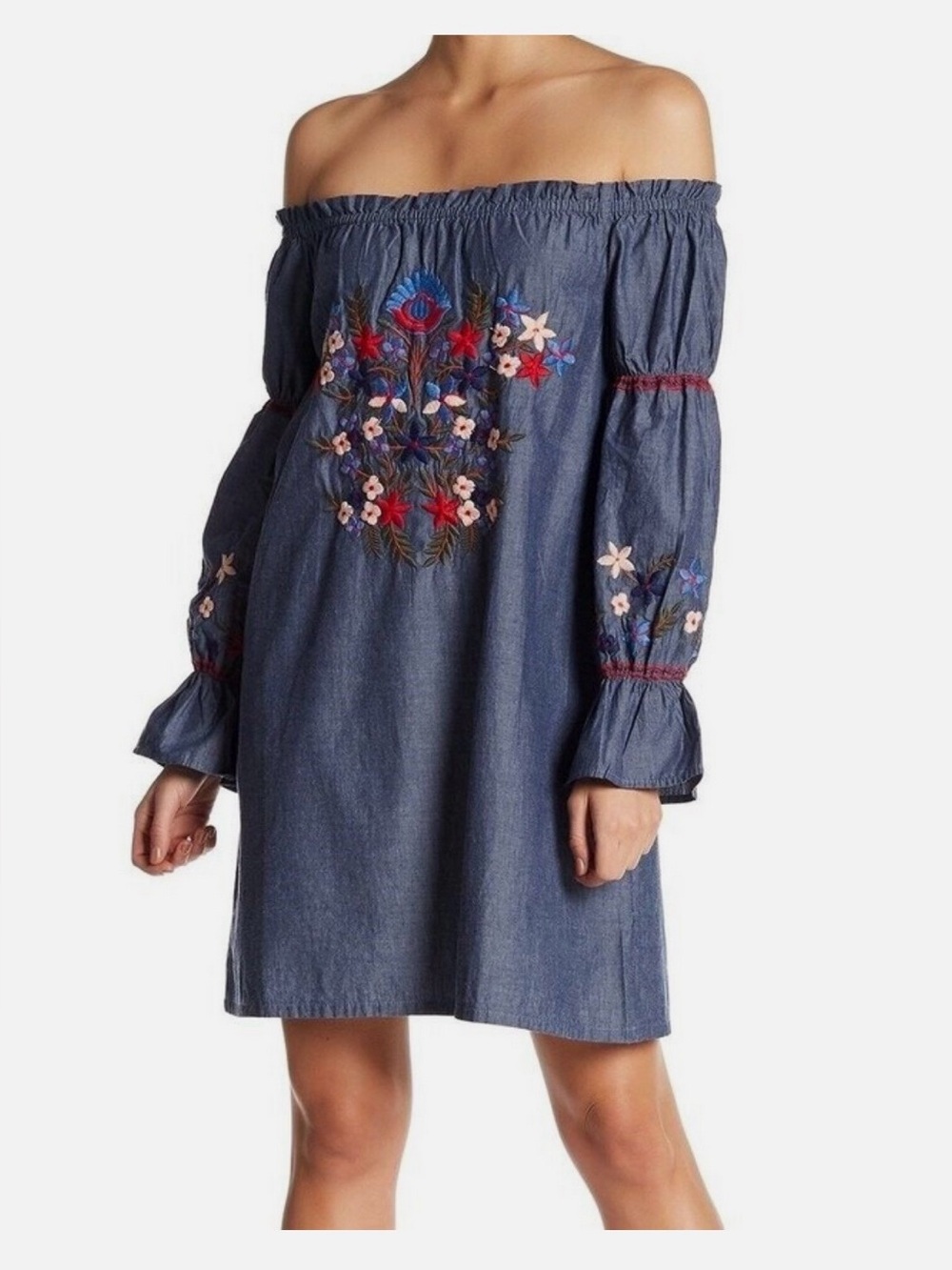 Max Studio Denim Blue Off-Shoulder Embroidered Dress